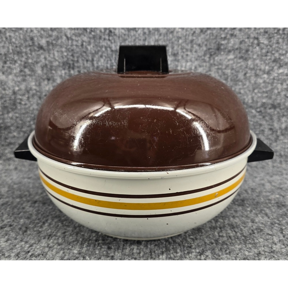 Vtg 70s West Bend Serving Oven Brown White Striped Steamer Pot 
W/ Basket Mod